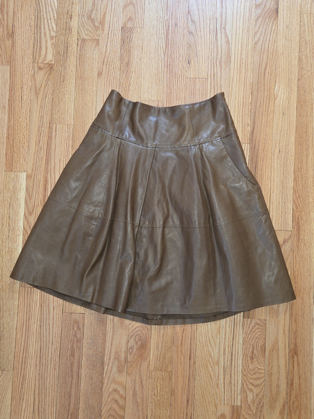 Brunello Cucinelli Gunex Leather Pleated Skirt Tiger's Eye Zipper Pull Italy 6